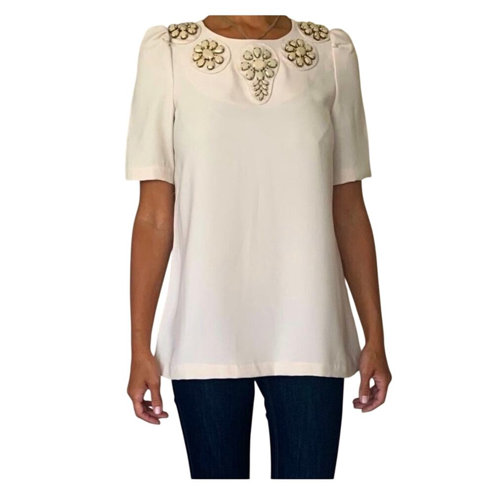 Karta White Embellished Neckline Slight Puff Short Sleeve Top XS